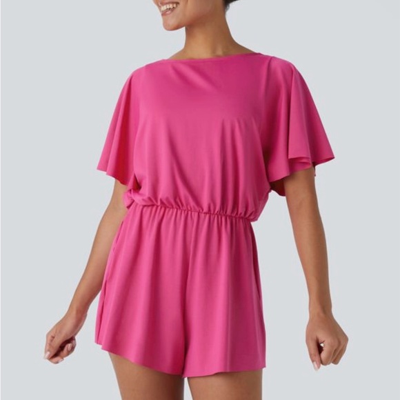 HALARA Pants - HALARA Backless Ruffle Short Sleeve Dance Romper, color Fuchsia Purple, size S